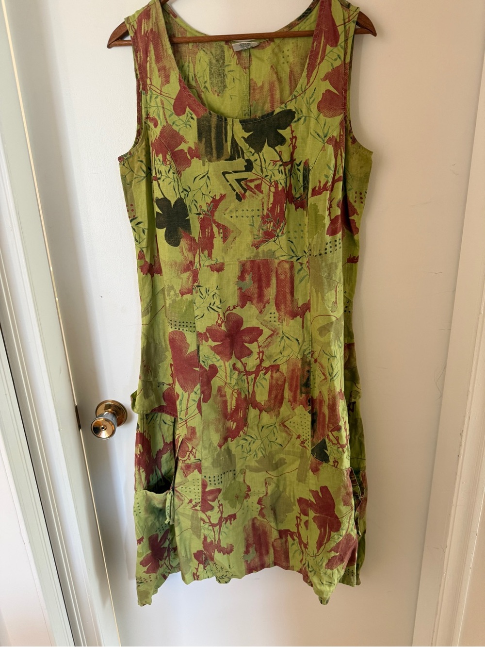 Click by Color Me Cotton Green Floral Linen Maxi Dress Medium Lagenlook Boho USA